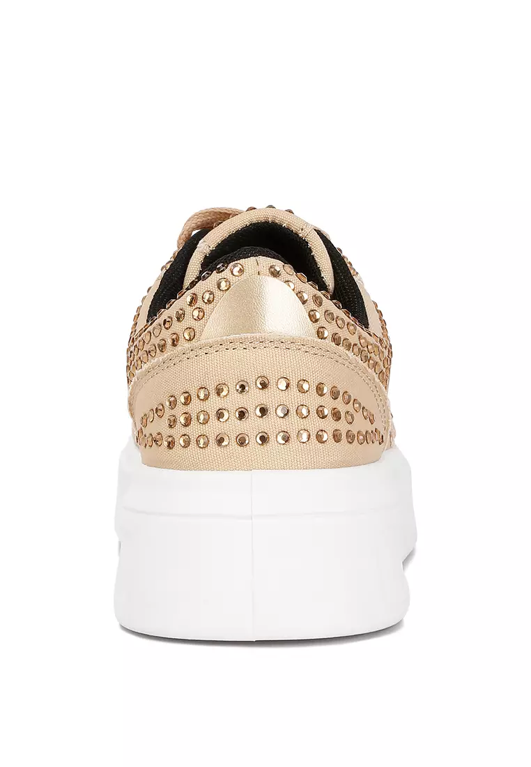 London Rag Beige Rhinestones Embellished Chunky Sole Sneakers