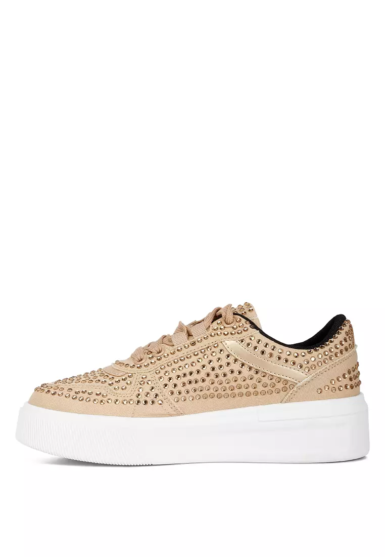 London Rag Beige Rhinestones Embellished Chunky Sole Sneakers