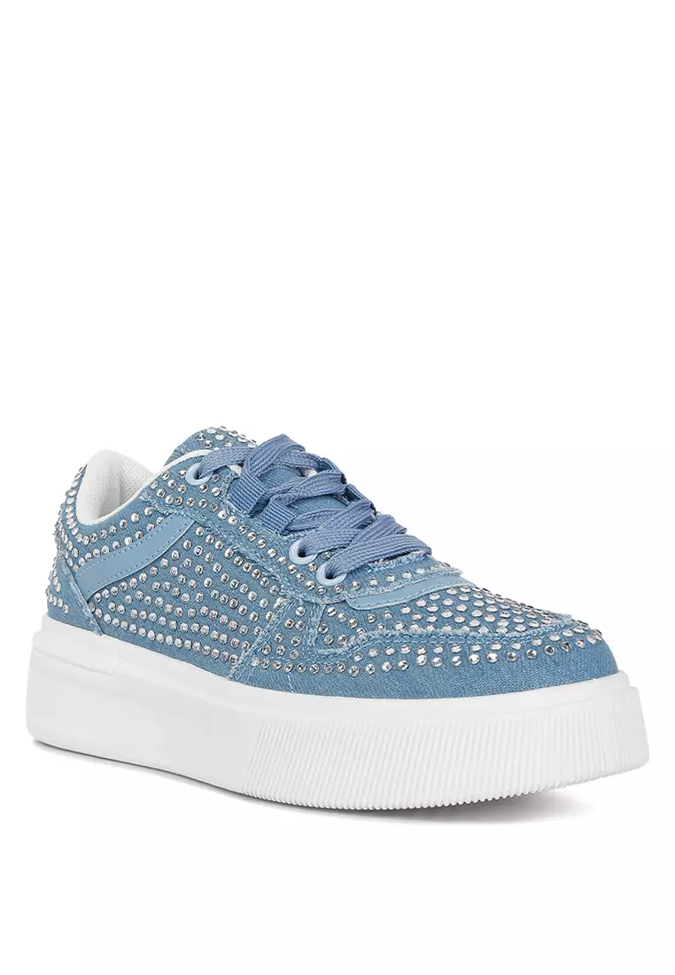 London Rag Denim Rhinestones Embellished Chunky Sole Sneakers