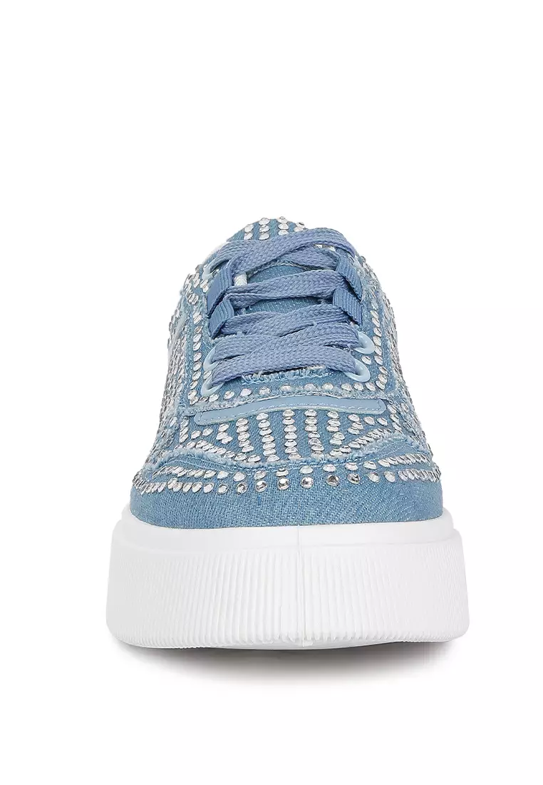 London Rag Denim Rhinestones Embellished Chunky Sole Sneakers