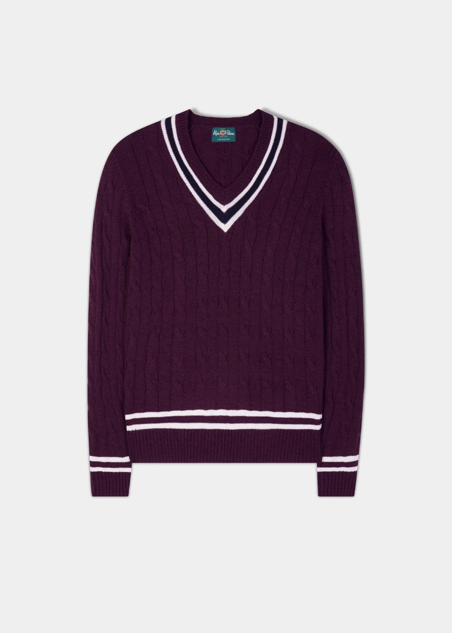 Men's Merino Wool Cable Cricket Jumper In Black Grape - Alan Paine UK