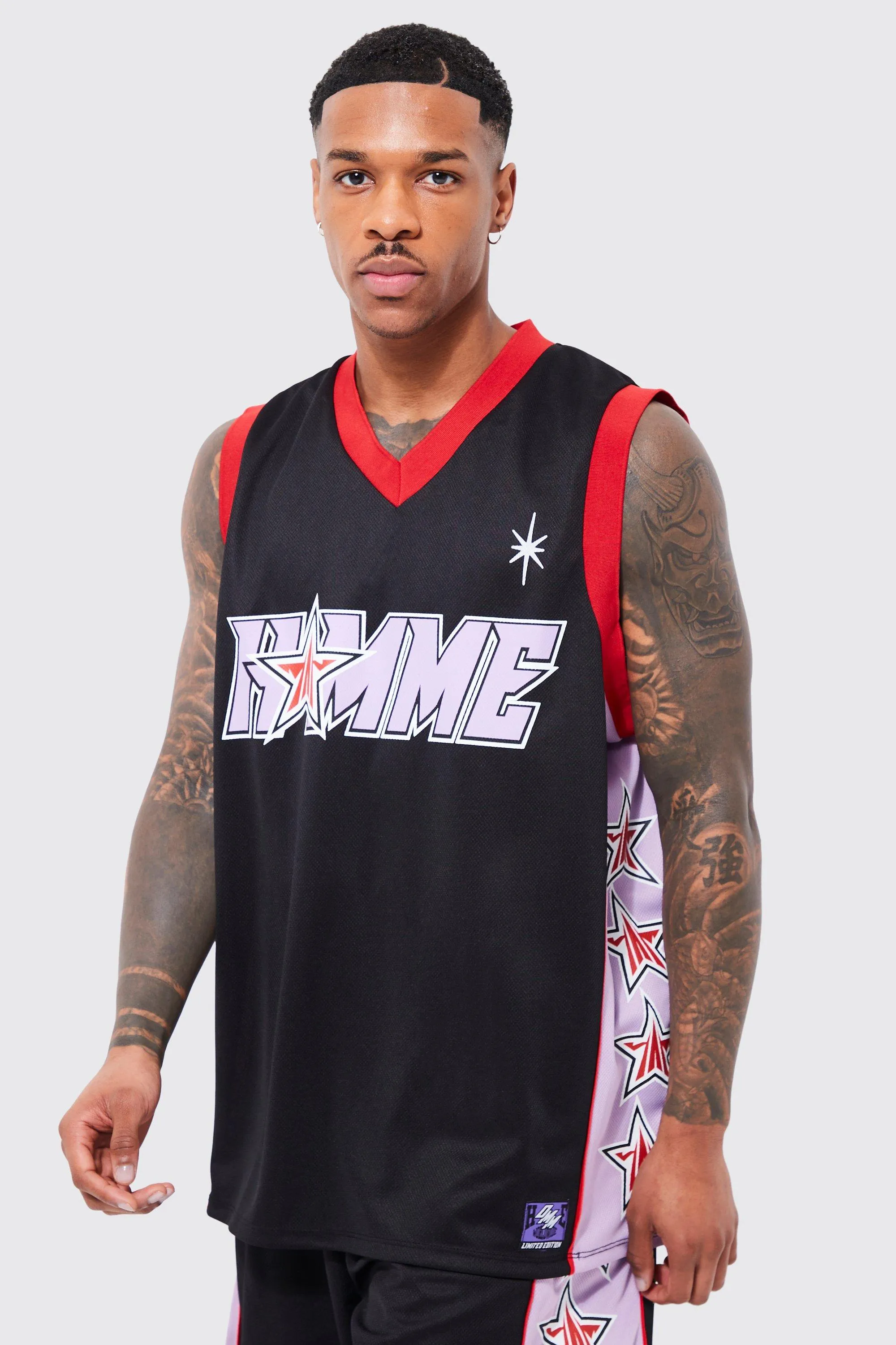 Mesh Homme And Star Print Basketball Vest | boohooMAN UK