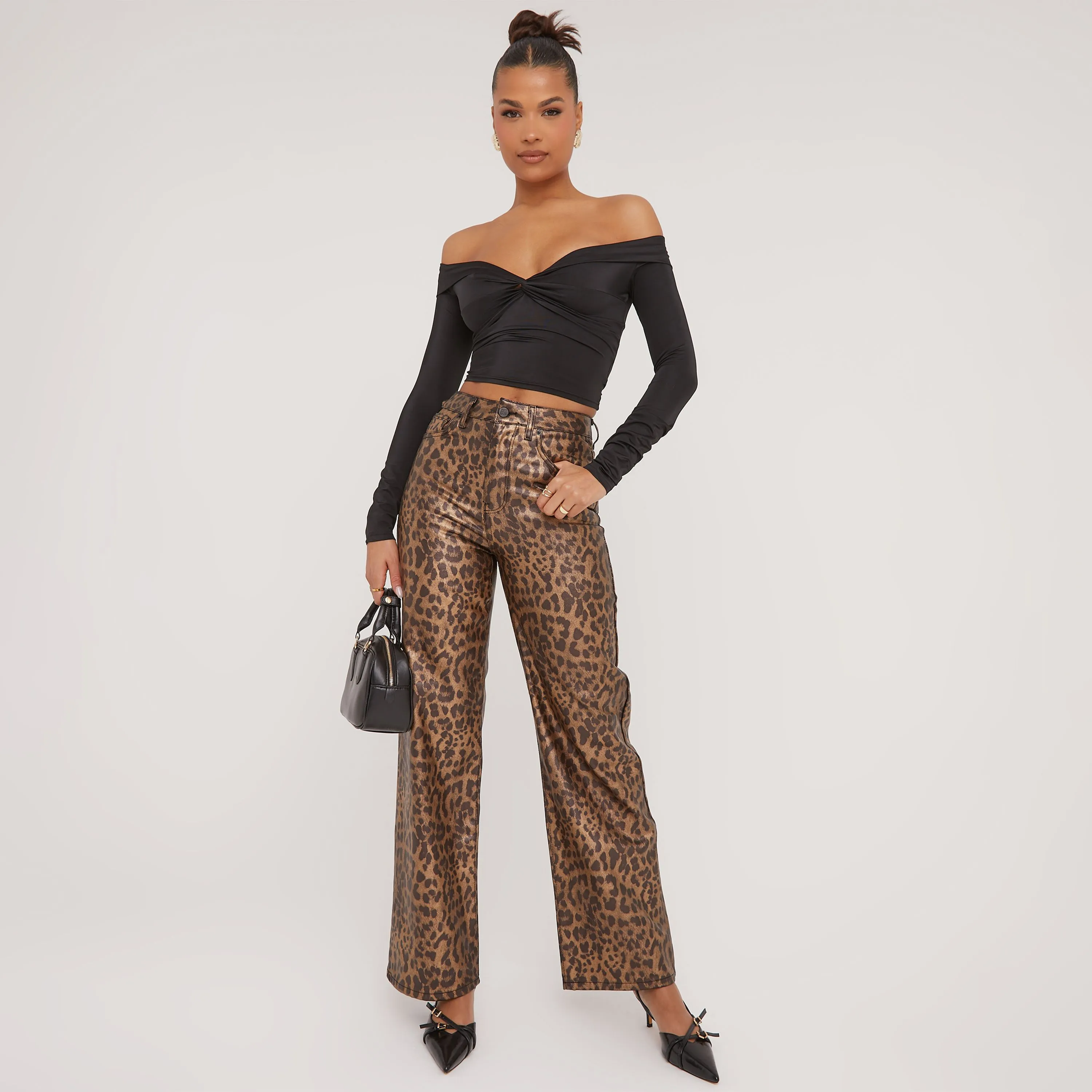 Mid Rise Wide Leg Jeans In Dark Gold Leopard Print Denim