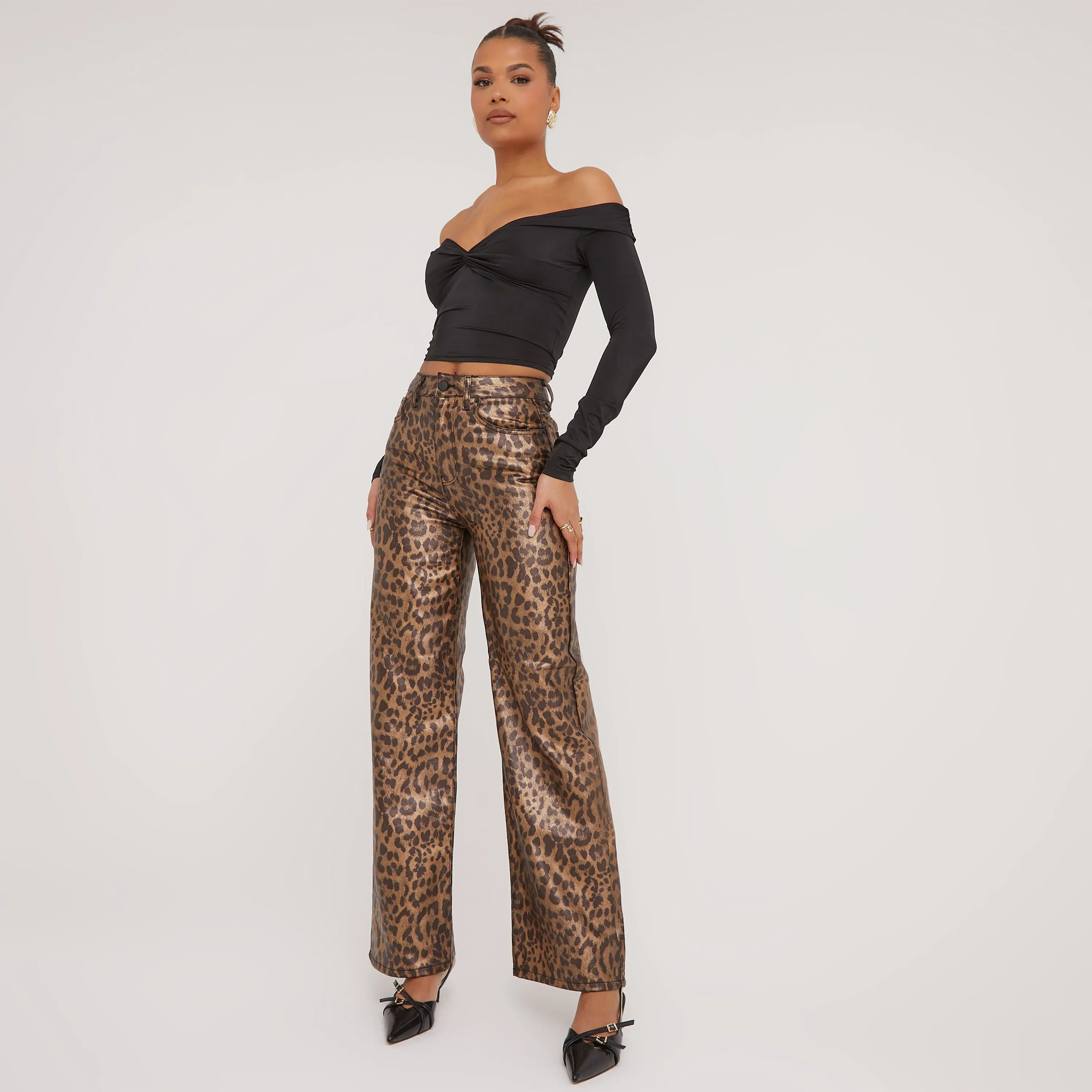 Mid Rise Wide Leg Jeans In Dark Gold Leopard Print Denim