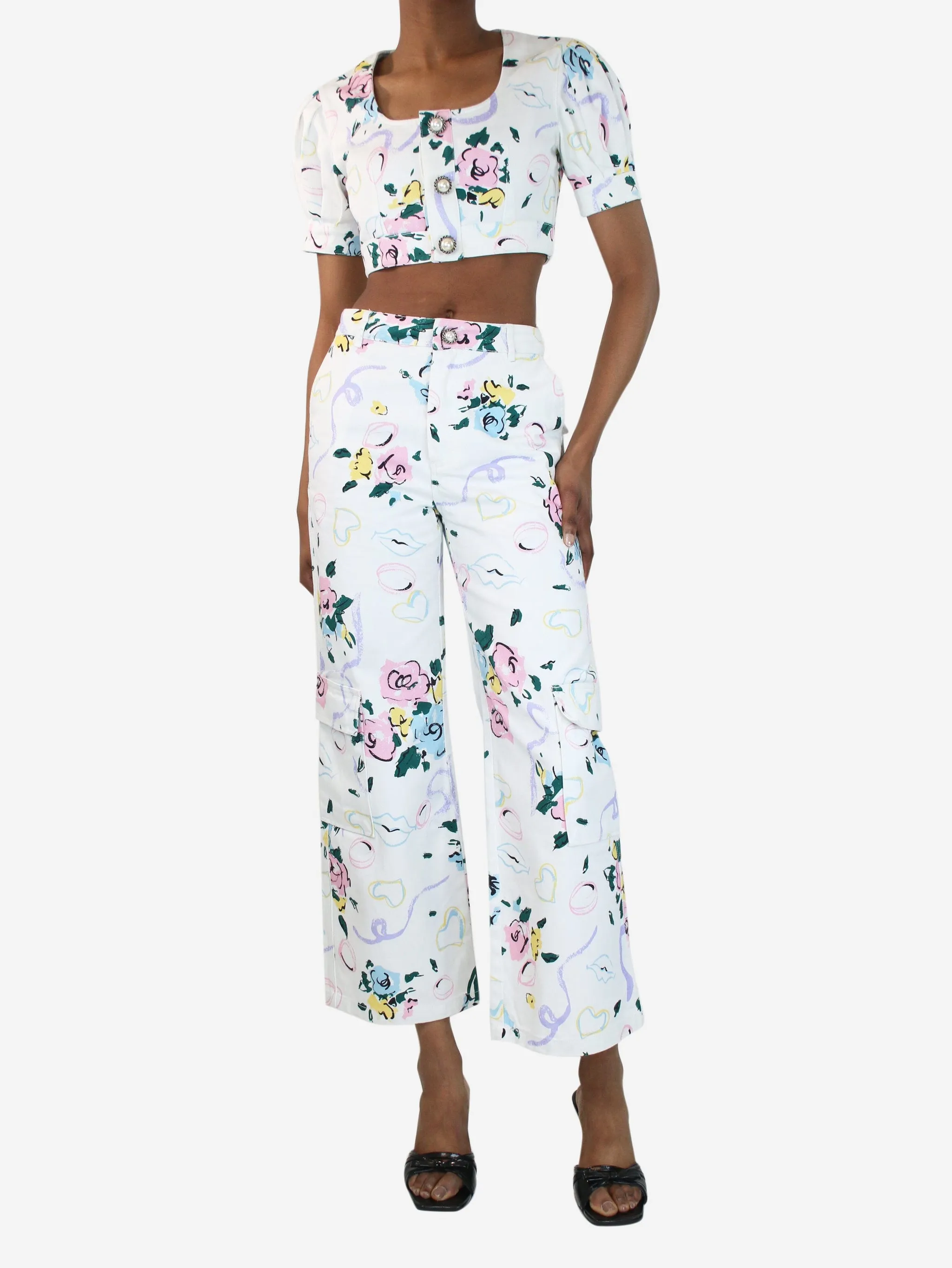   Multi floral-printed cropped top and jeans set - size S