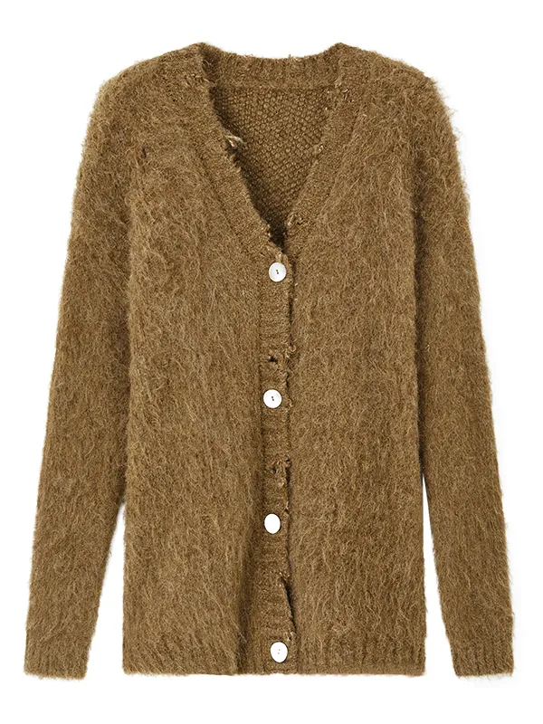 Oversized Furry Placket Ripped Cardigan