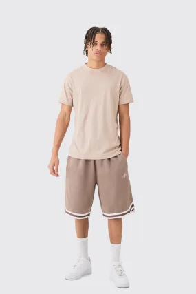 Oversized Man Sig Mid Length Jersey Tape Basketball Short | boohooMAN UK