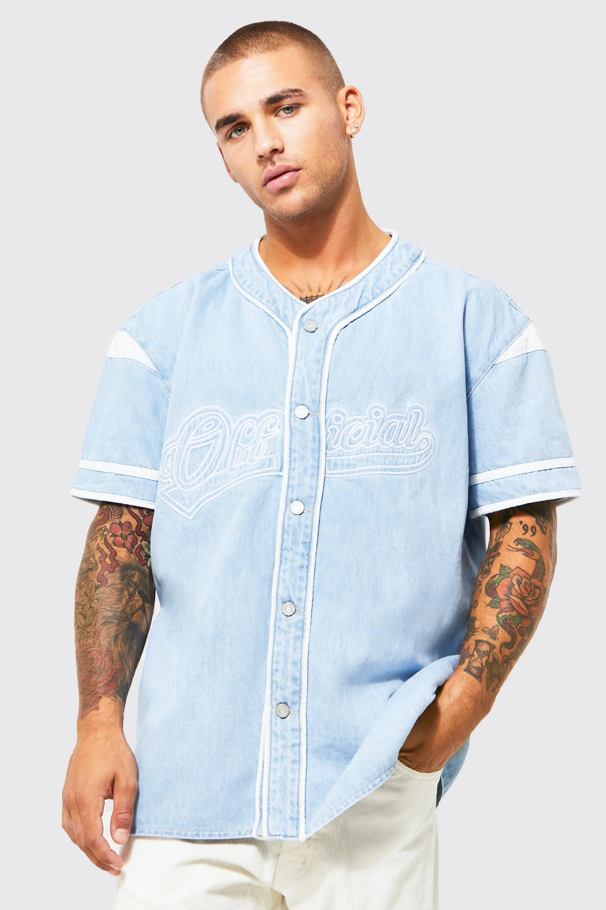 Oversized Official Denim Baseball Shirt | boohooMAN UK