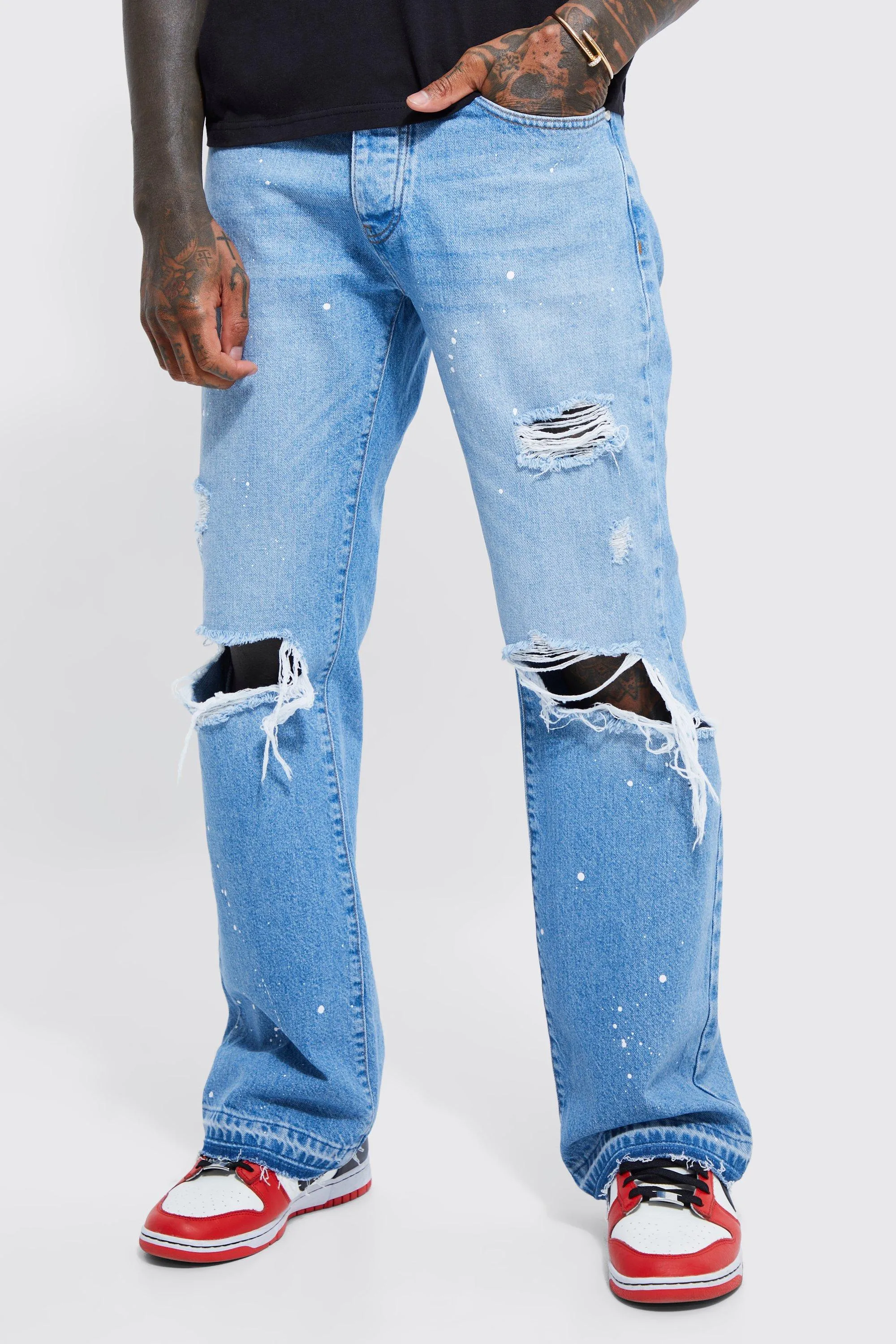 Relaxed Flare Ripped Paint Splatter Jeans