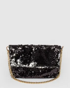 Sequin Foldover Black Clutch Bag