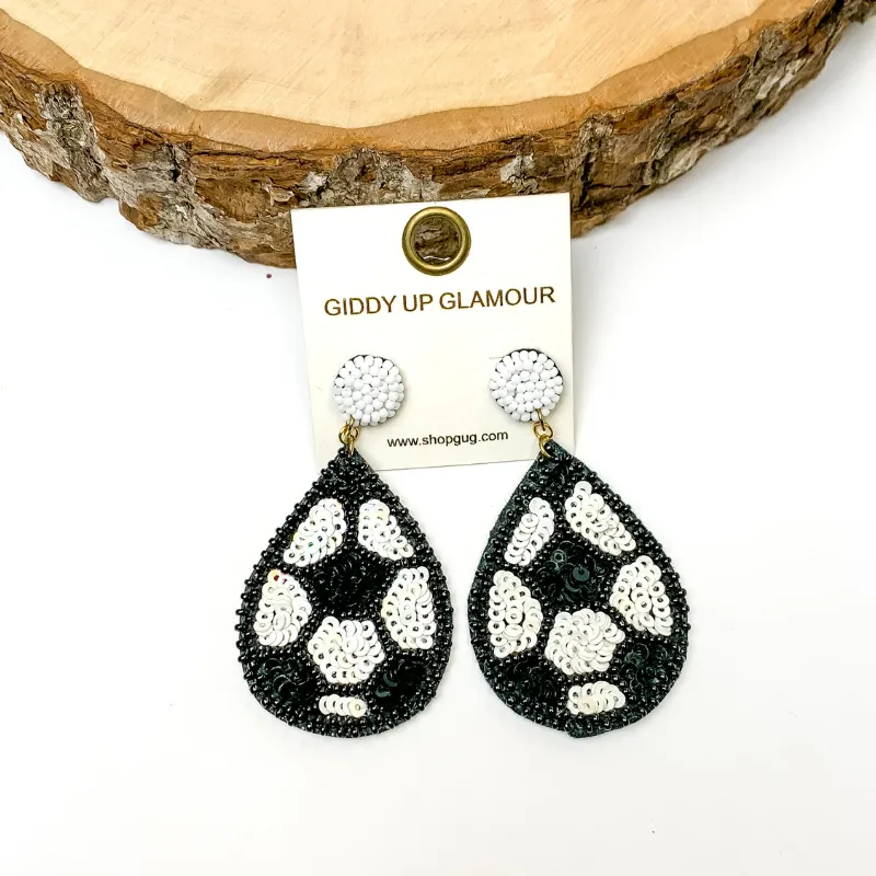 Sequin Teardrop Soccer Earrings in Black and White