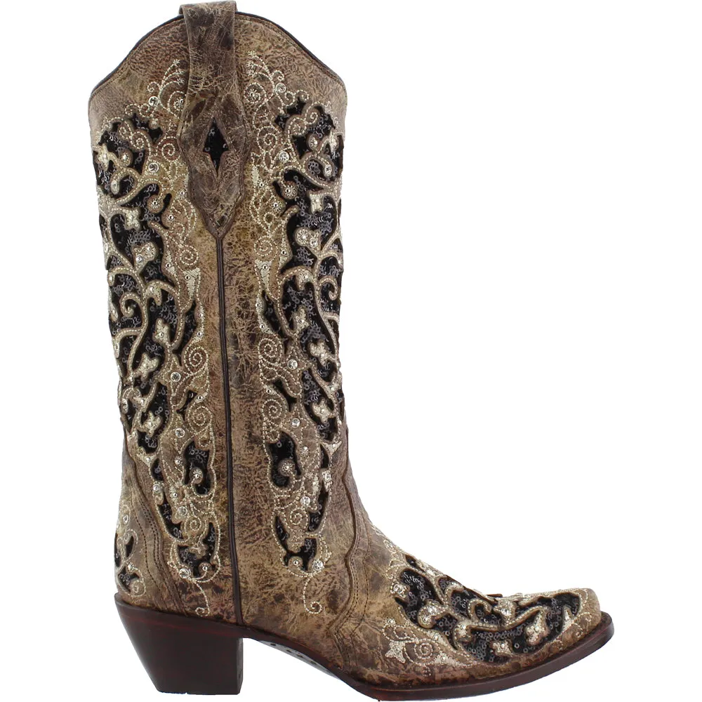 Sequins Tooled-Inlay Snip Toe Cowboy Boots