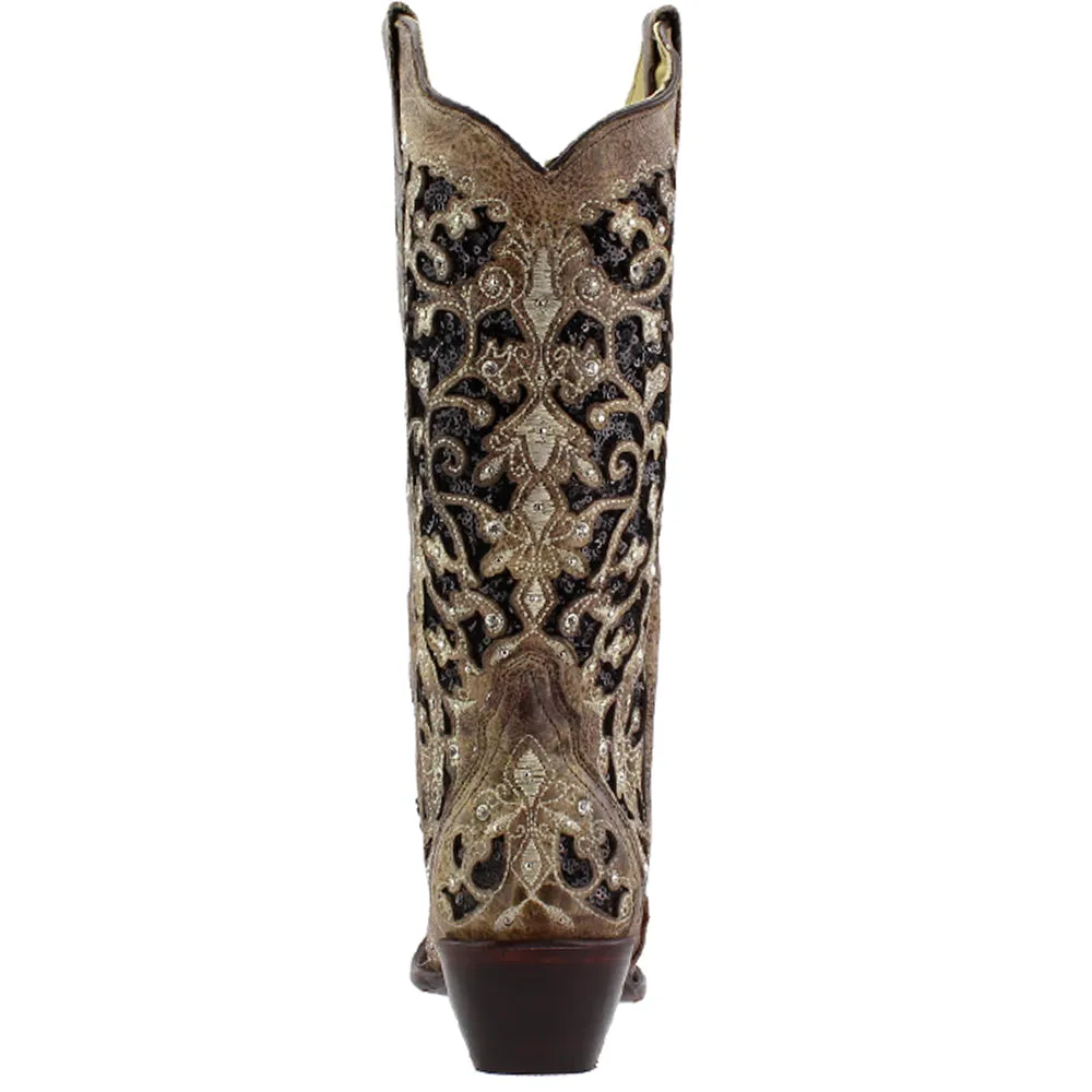 Sequins Tooled-Inlay Snip Toe Cowboy Boots