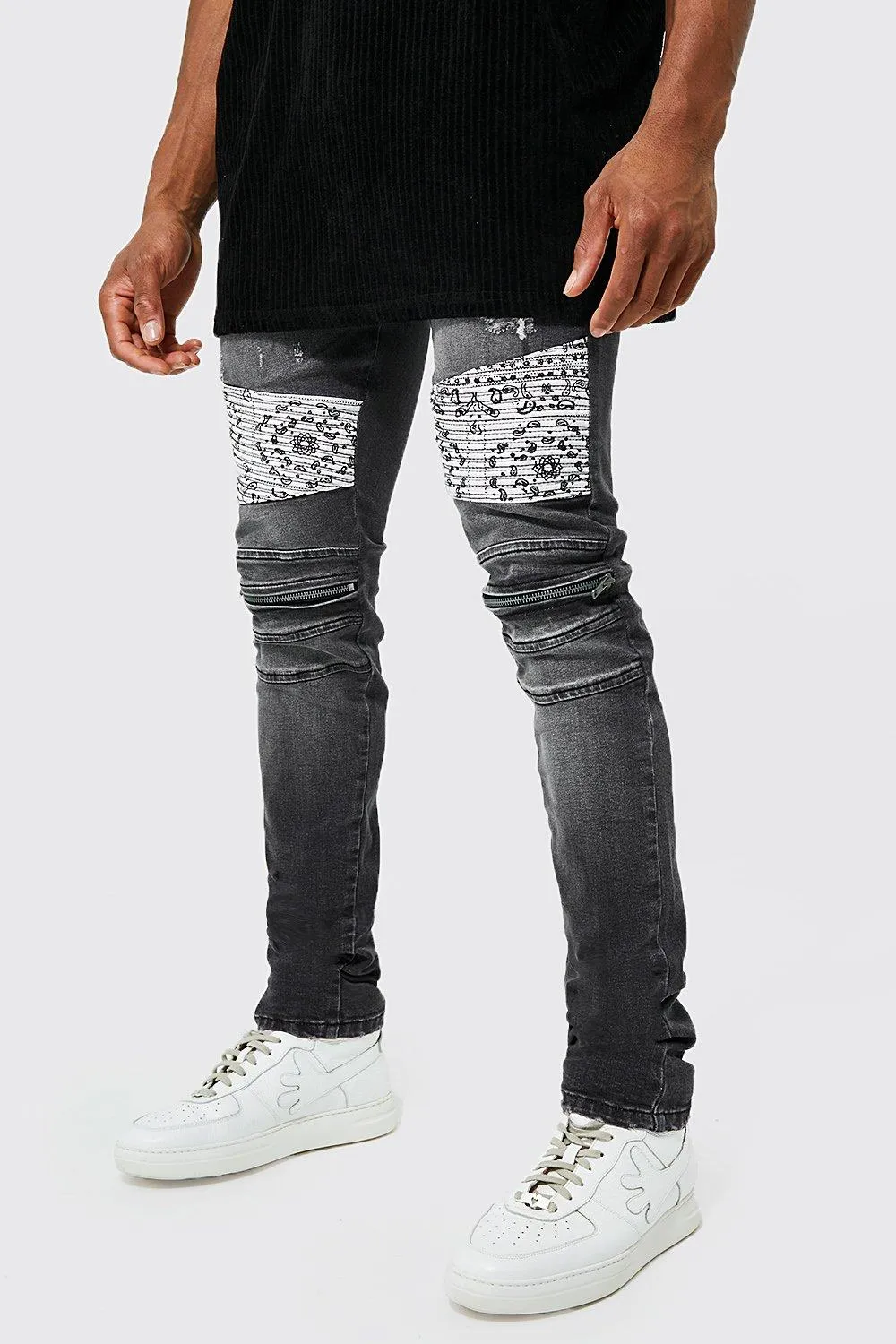 Skinny Stacked Bandana Zip Biker Jeans