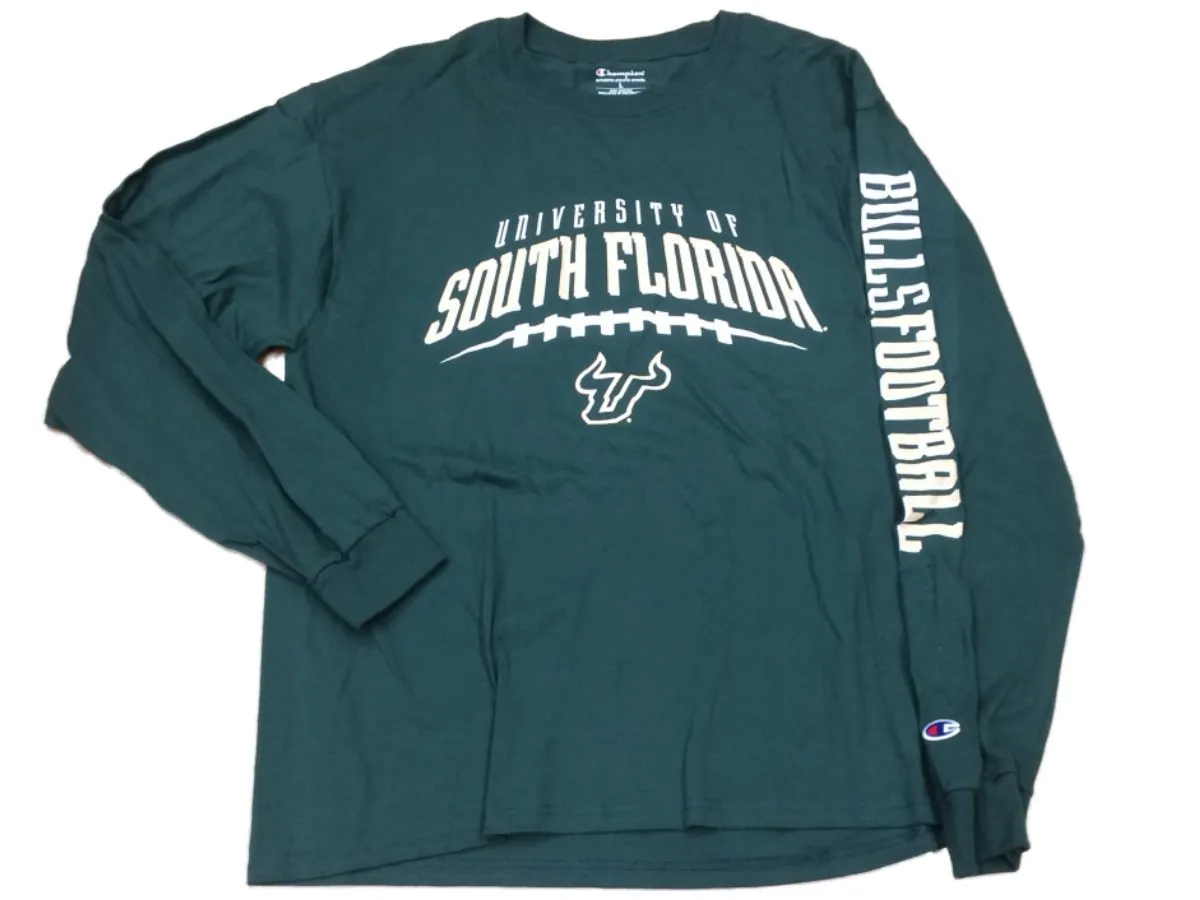 South Florida Bulls Football Champion Green LS Bulls Football Crew T-Shirt (L)