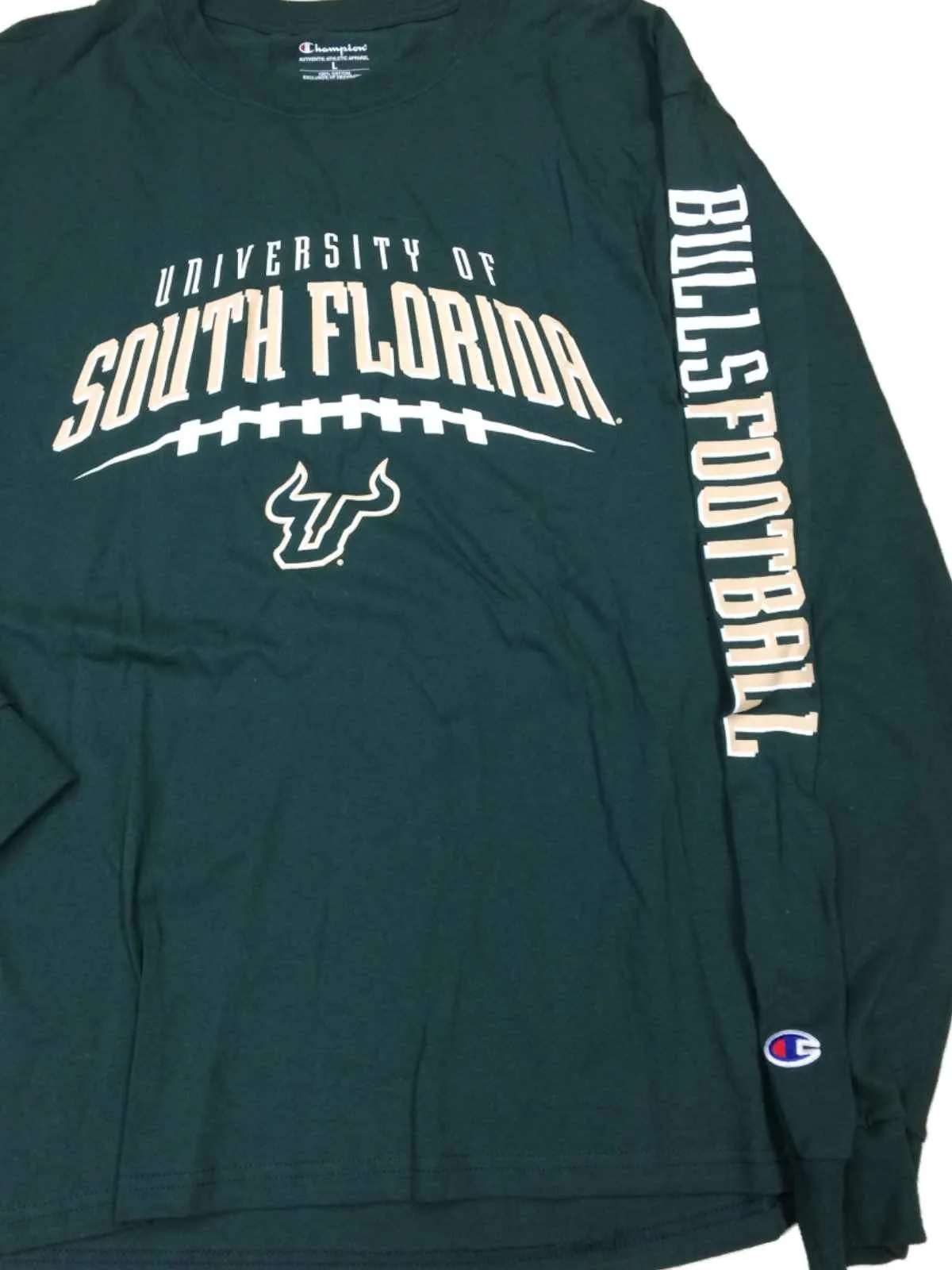 South Florida Bulls Football Champion Green LS Bulls Football Crew T-Shirt (L)