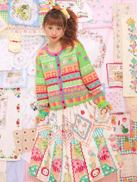 Striped Bunny Check Round Neck Knitted Cardigan