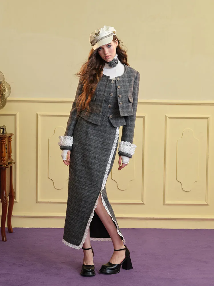 Tweed Lace Feminine Cute Jacket&Vest&Mini-Skirt&Long-Skirt