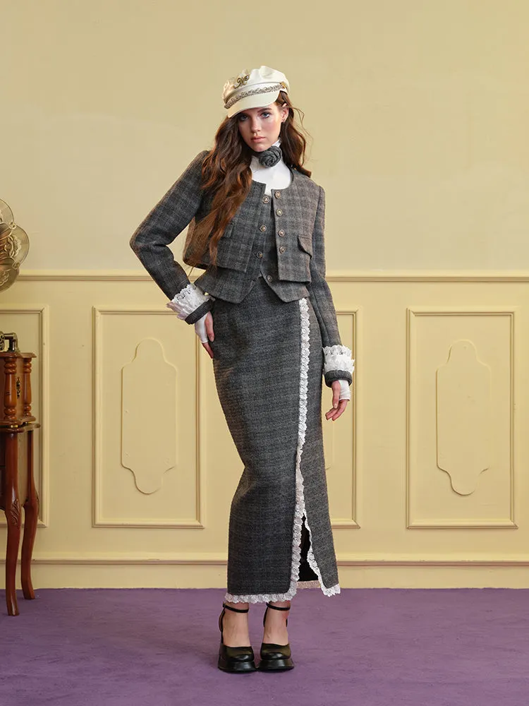 Tweed Lace Feminine Cute Jacket&Vest&Mini-Skirt&Long-Skirt