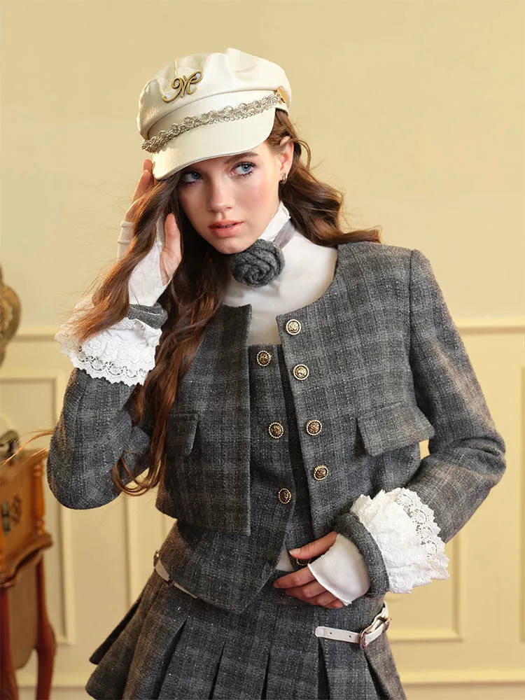 Tweed Lace Feminine Cute Jacket&Vest&Mini-Skirt&Long-Skirt