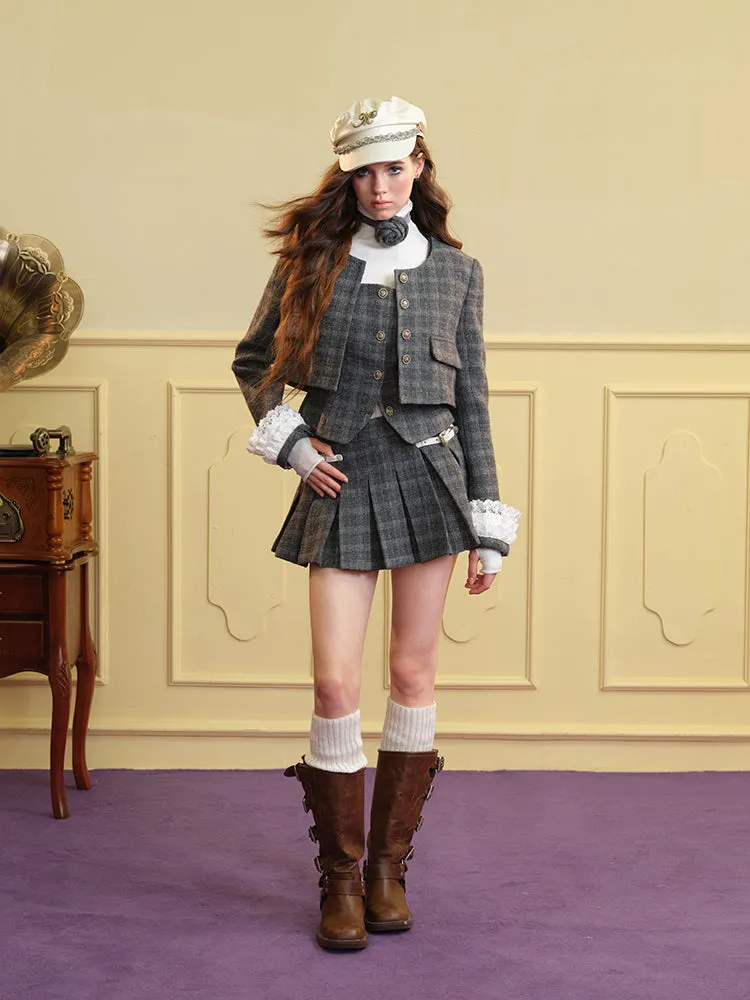 Tweed Lace Feminine Cute Jacket&Vest&Mini-Skirt&Long-Skirt