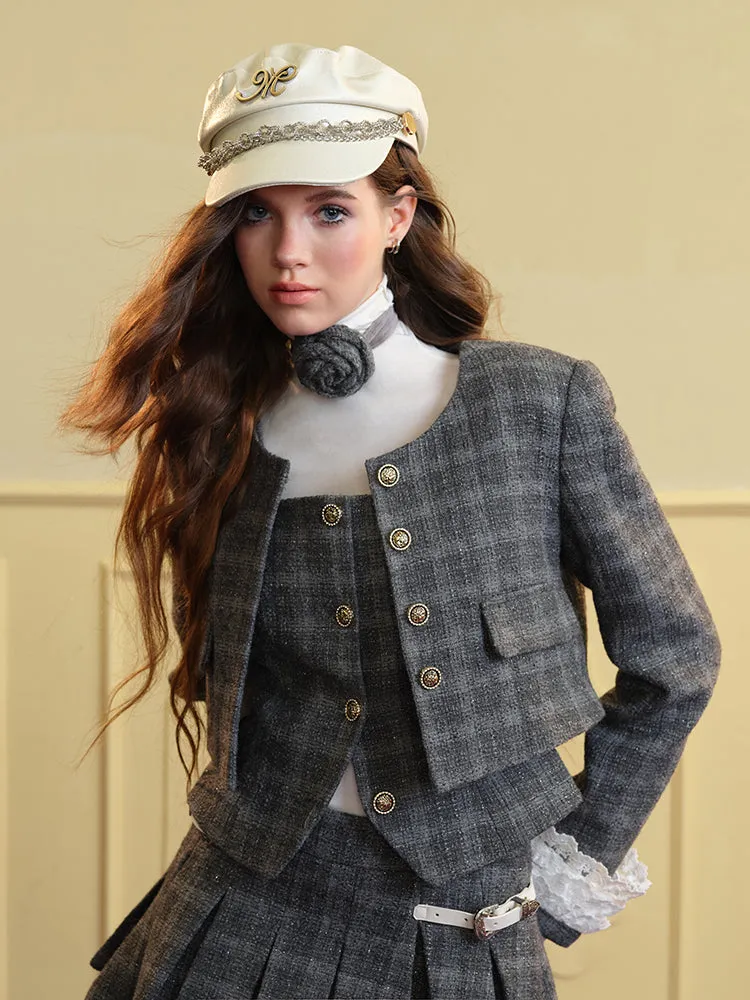 Tweed Lace Feminine Cute Jacket&Vest&Mini-Skirt&Long-Skirt