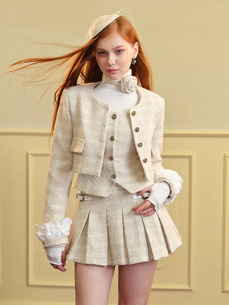 Tweed Lace Feminine Cute Jacket&Vest&Mini-Skirt&Long-Skirt