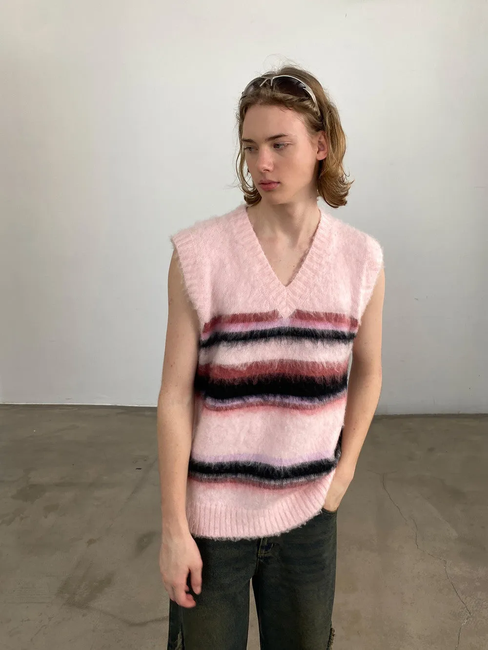 Unisex Border Mohair-Knit Retro V-Neck Fluffily Vest