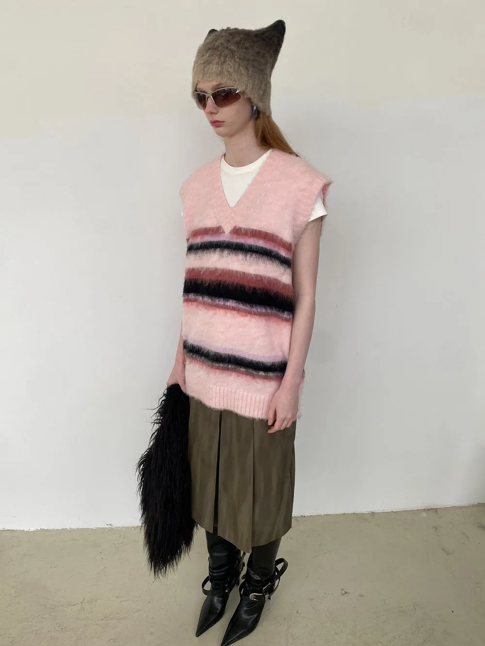 Unisex Border Mohair-Knit Retro V-Neck Fluffily Vest