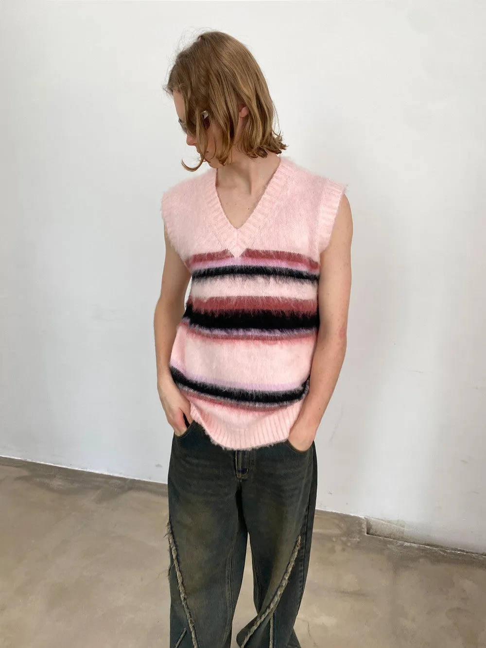 Unisex Border Mohair-Knit Retro V-Neck Fluffily Vest