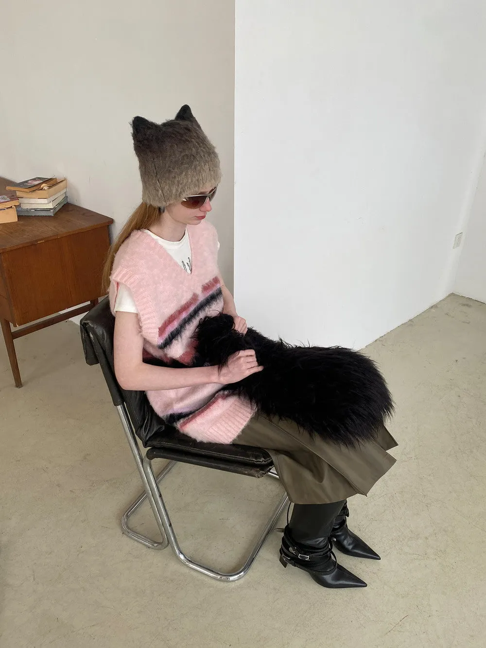 Unisex Border Mohair-Knit Retro V-Neck Fluffily Vest