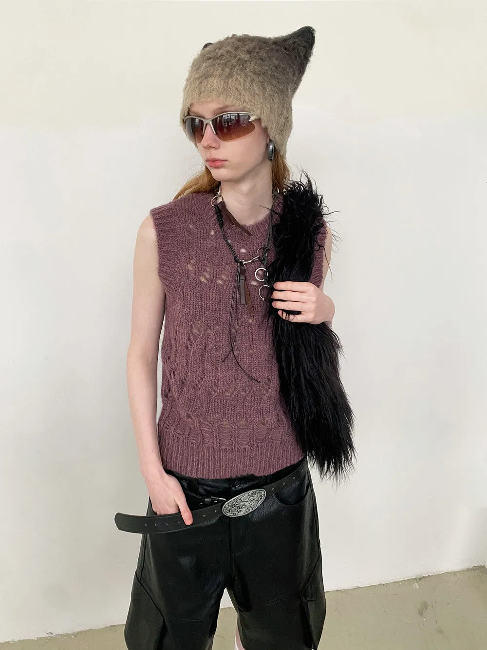 Unisex Low-Gage Knit Damage Mesh Layered Vest