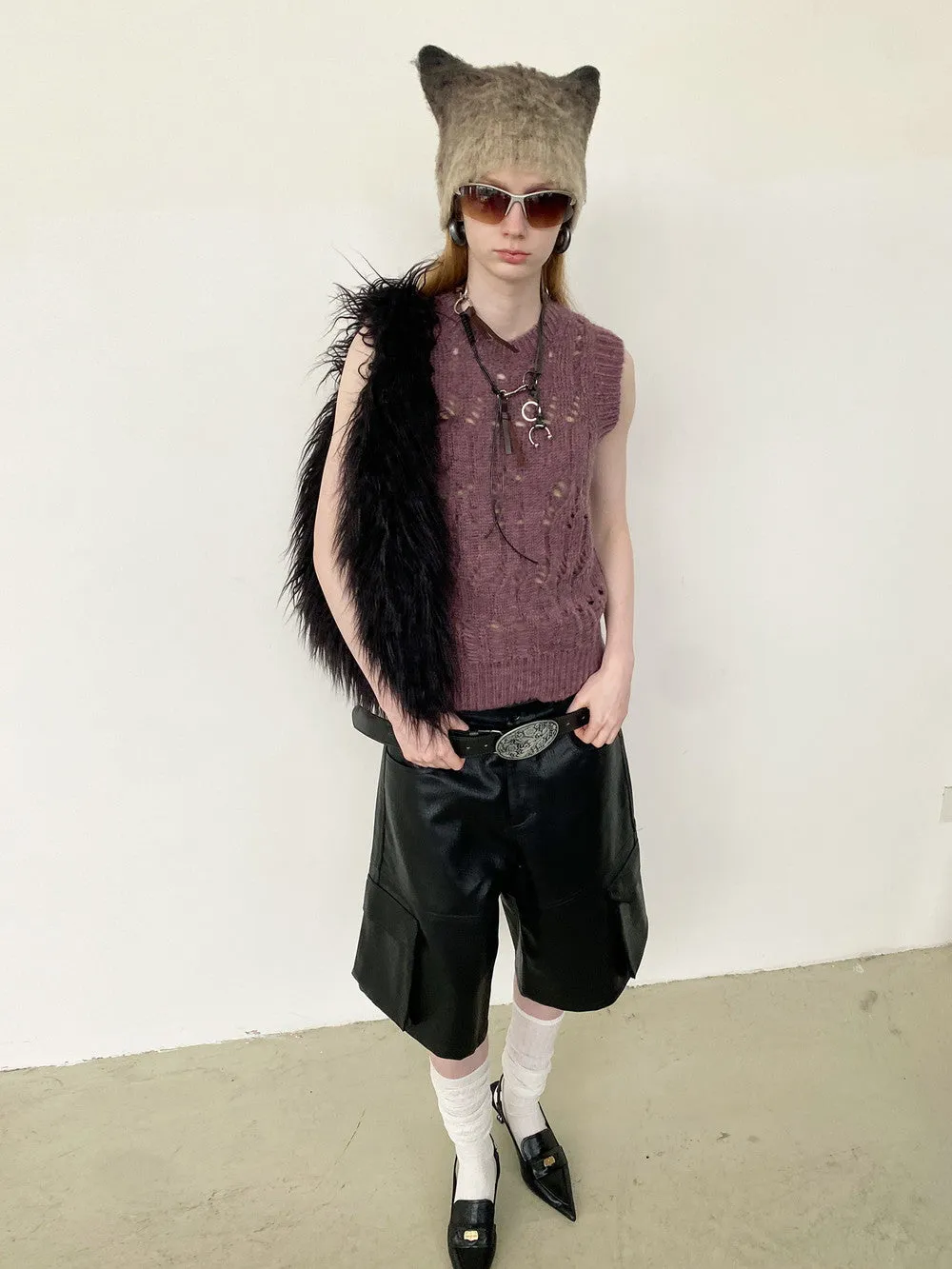 Unisex Low-Gage Knit Damage Mesh Layered Vest