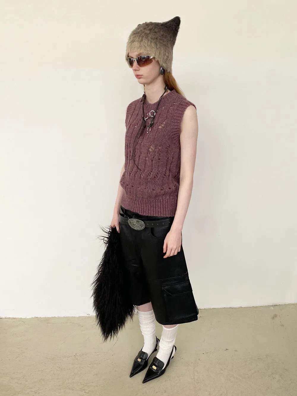 Unisex Low-Gage Knit Damage Mesh Layered Vest