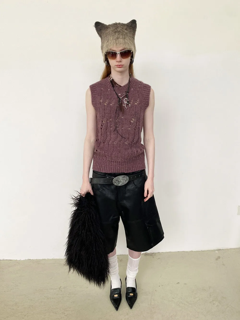 Unisex Low-Gage Knit Damage Mesh Layered Vest