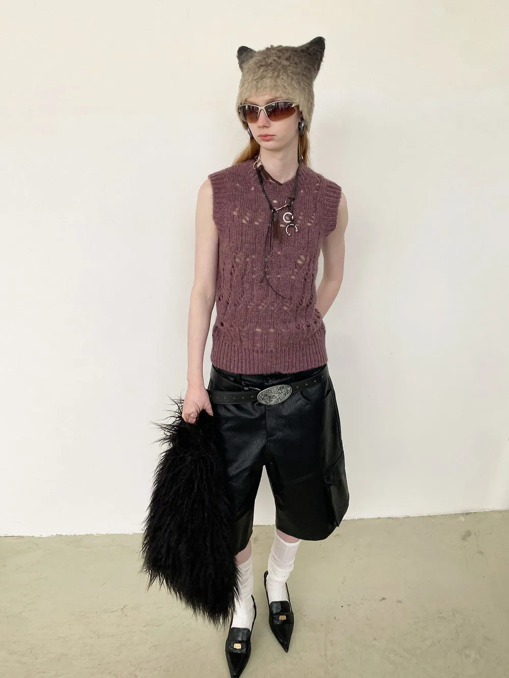 Unisex Low-Gage Knit Damage Mesh Layered Vest