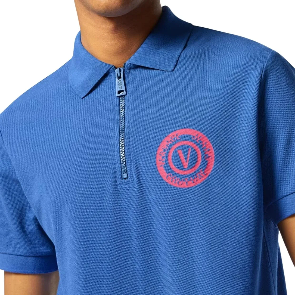 Versace Jeans Couture V-Emblem Print Blue Zip Polo Shirt