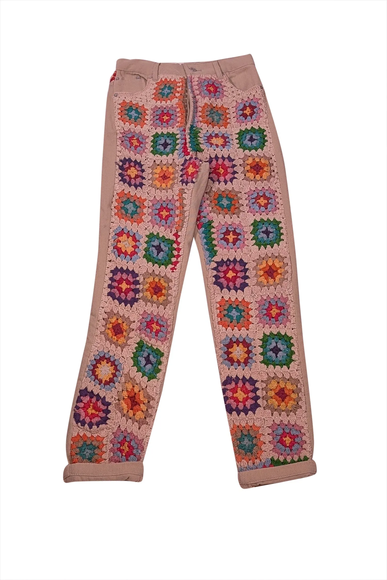 We The Free - Cream & Multi Color Crochet Detail Jeans Sz 0