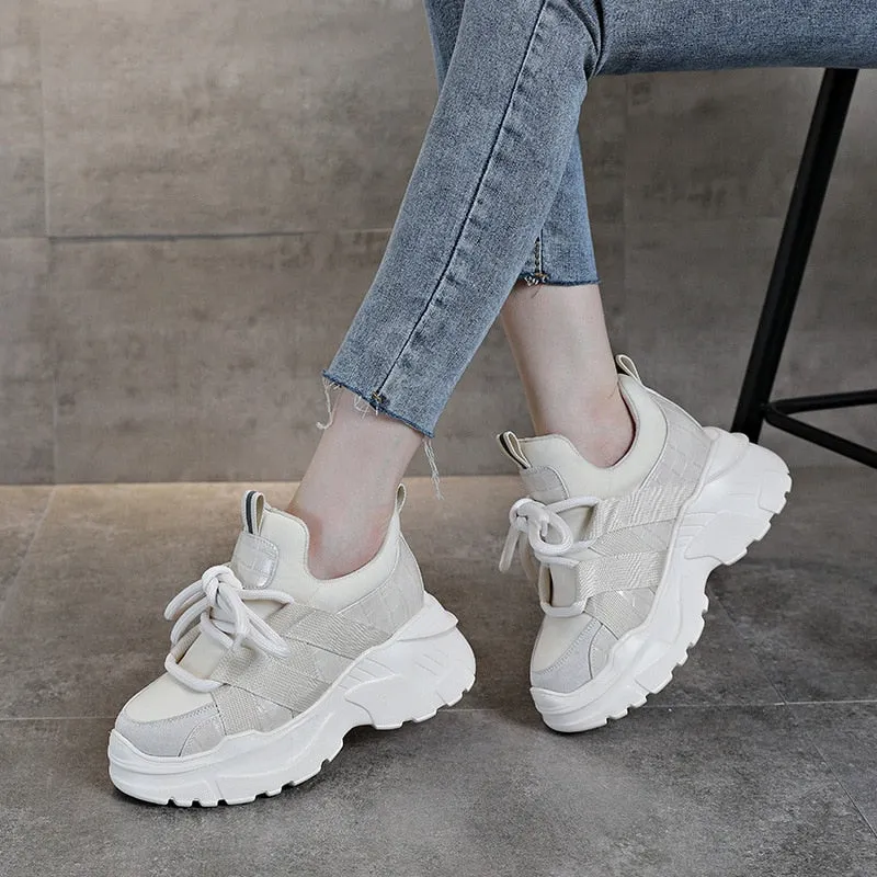 Women's 8cm Solid Genuine Leather Thick Sole Platform Chunky Sneakers