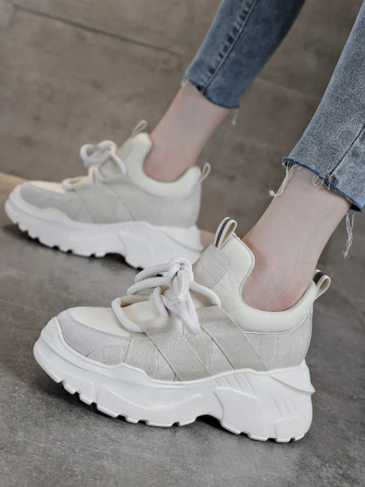 Women's 8cm Solid Genuine Leather Thick Sole Platform Chunky Sneakers