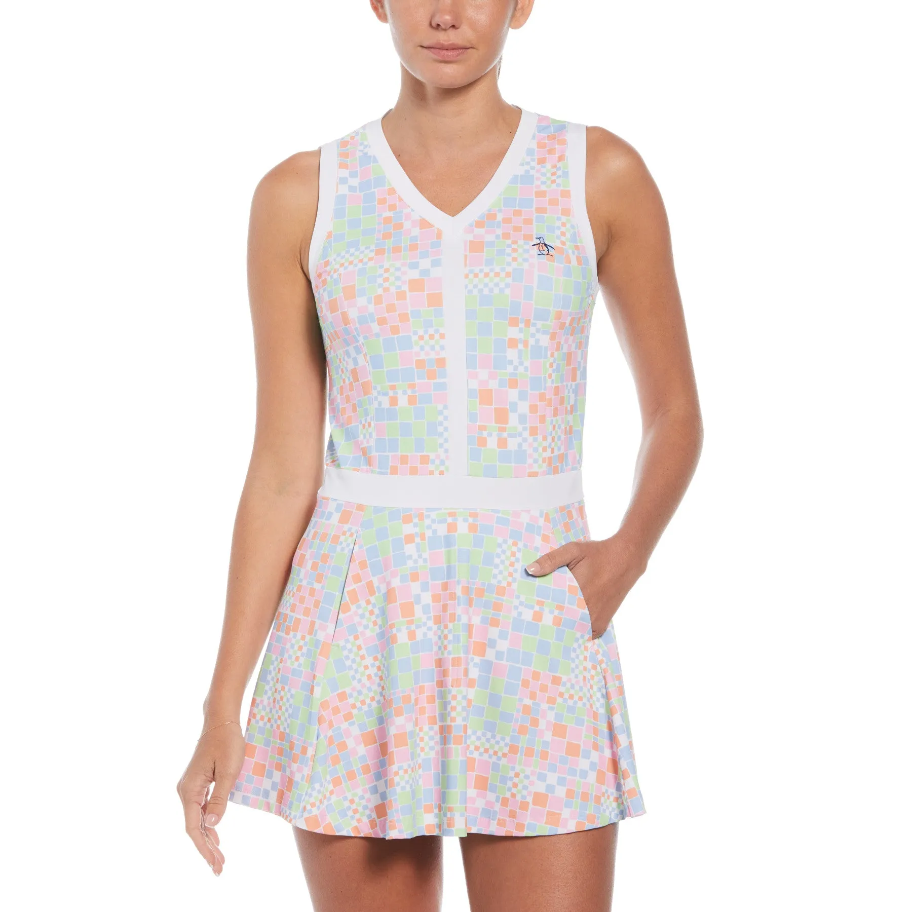 Women's Checkerboard Print Flounce Sleeveless Tennis Dress In Bright White