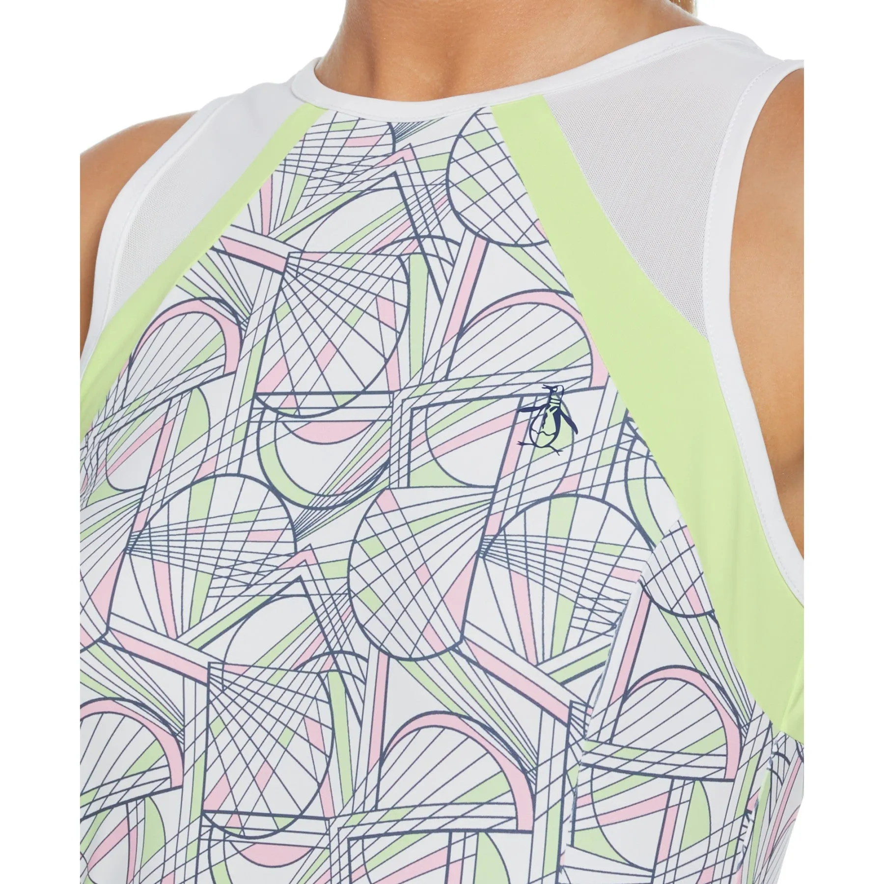 Women's Tennis Racket Print Mesh Block Tank Top In Bright White